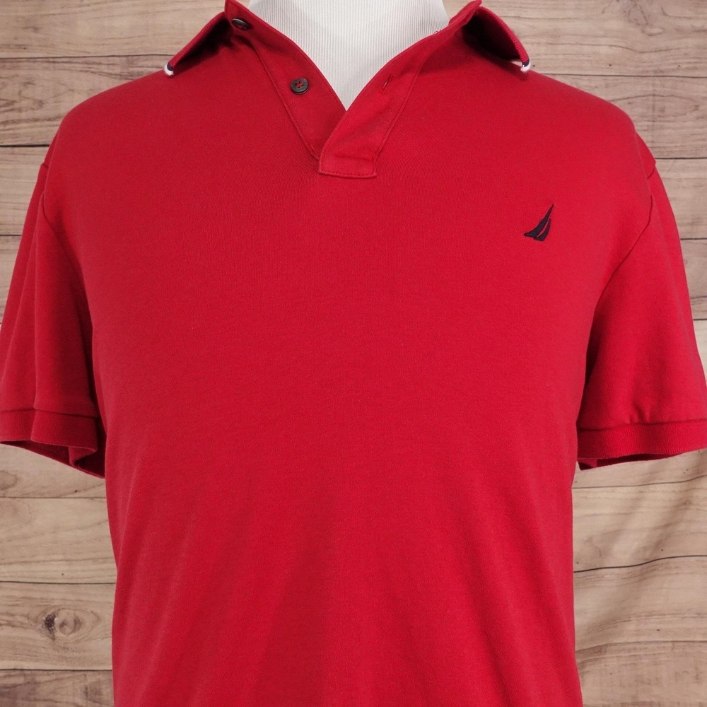 Nautica Polo Shirt Mens L Red 100% Cotton Regular Fit Collared Easy Care